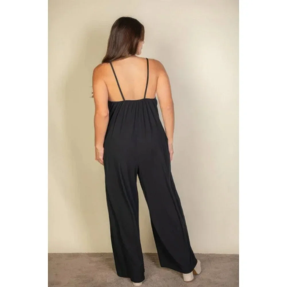 Plus spaghetti strap solid wide jumpsuit - Picture 3 of 3